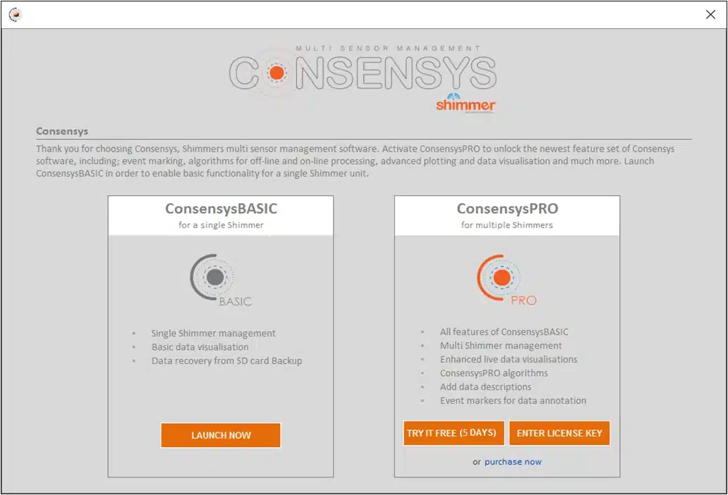 Choosing ConsensysBASIC, activating ConsensysPRO, or trying ConsensysPRO