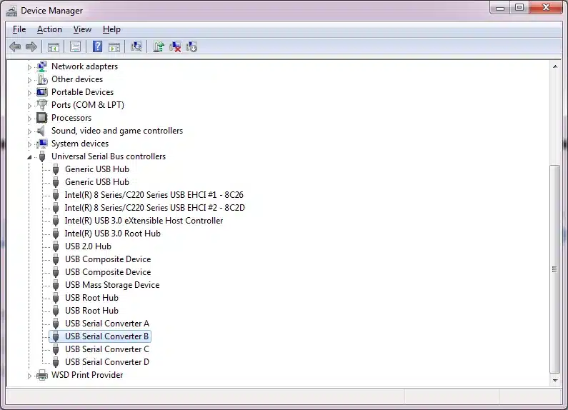 USB Serial Converters in the Device Manager