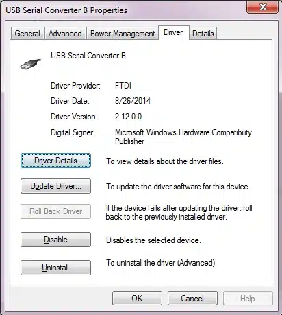 The FTDI driver version, on the Driver tab