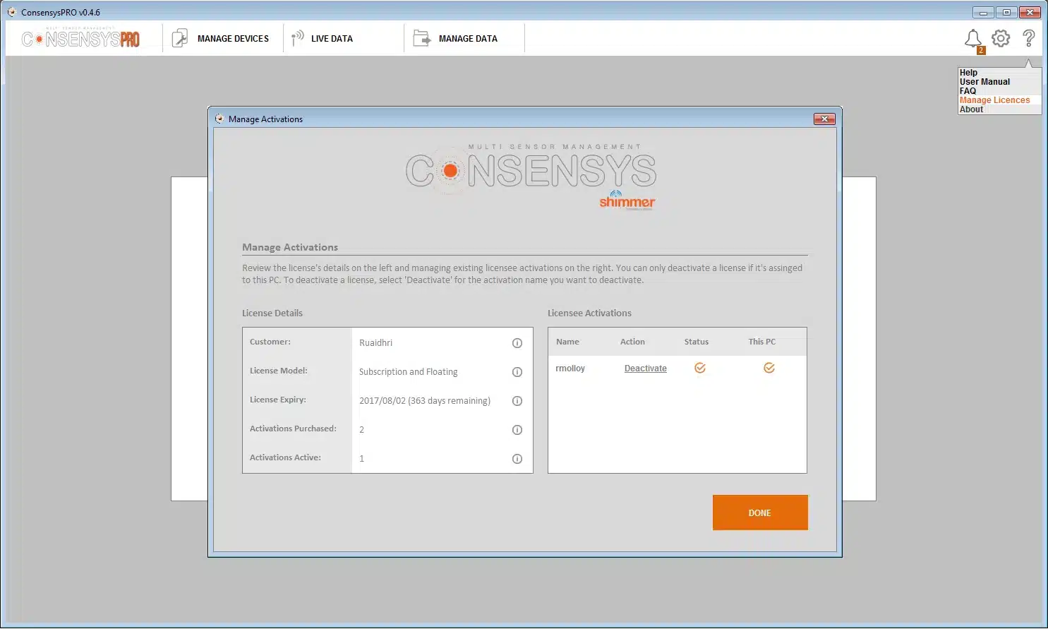 Help → Manage Licenses