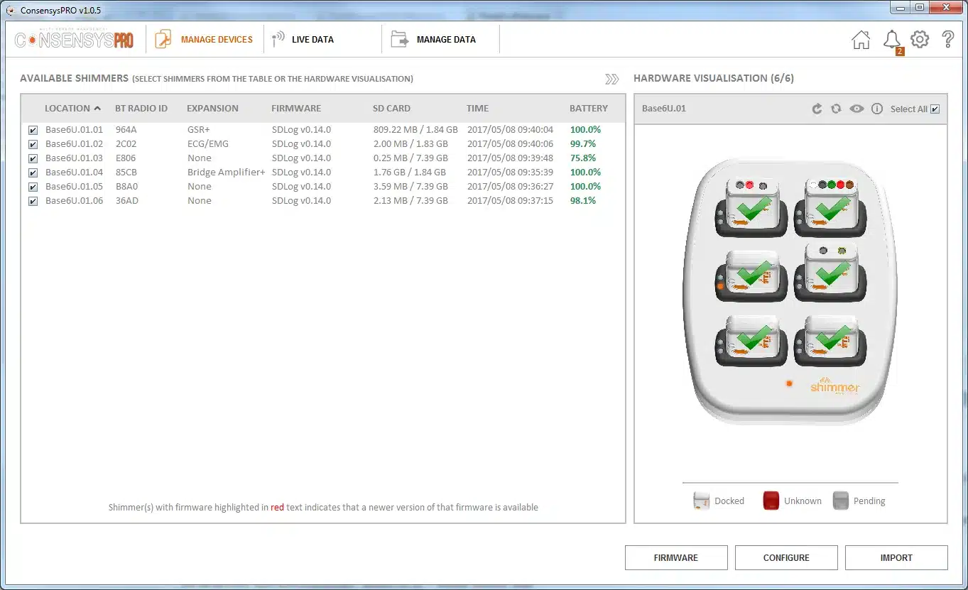 Selecting Shimmers in MANAGE DEVICES