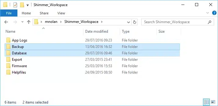 The workspace's Database and Backup folders