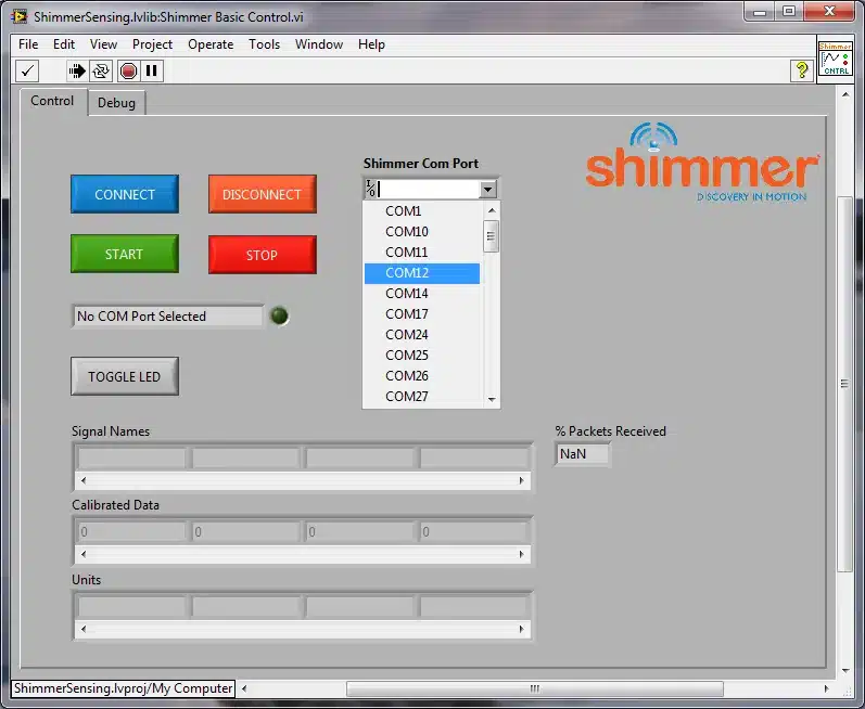 Figure 4‑7 Selecting the Com Port on Shimmer Basic Control