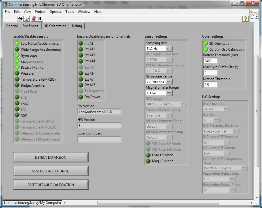 Figure 4‑19 Shimmer 3D Orientation.vi Configure Tab