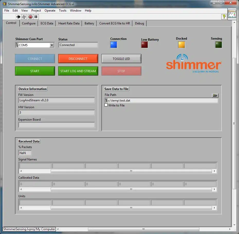 Figure 4‑29 Shimmer Advanced ECG.vi Control Tab (Shimmer Connected)