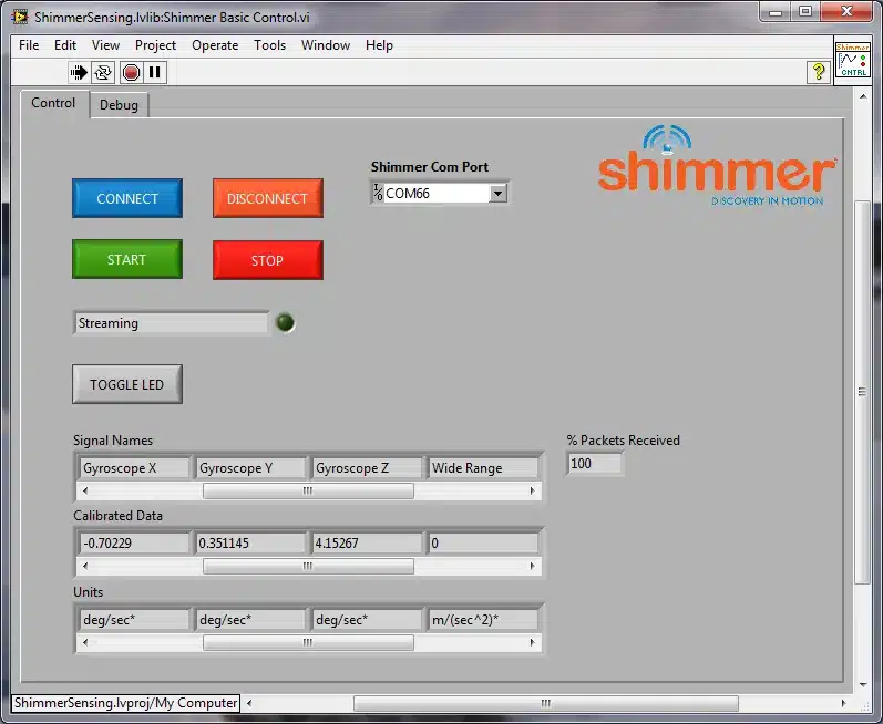 Figure 4‑9 Streaming Data in the Shimmer Basic Control.vi