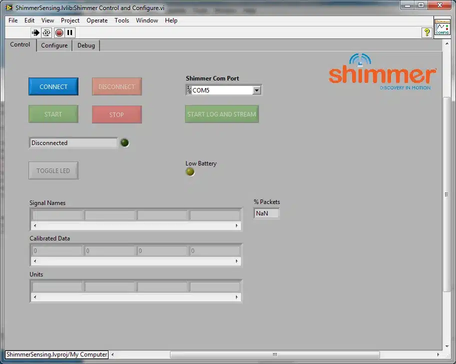 Figure 4‑10 Shimmer Control and Configure.vi on start-up