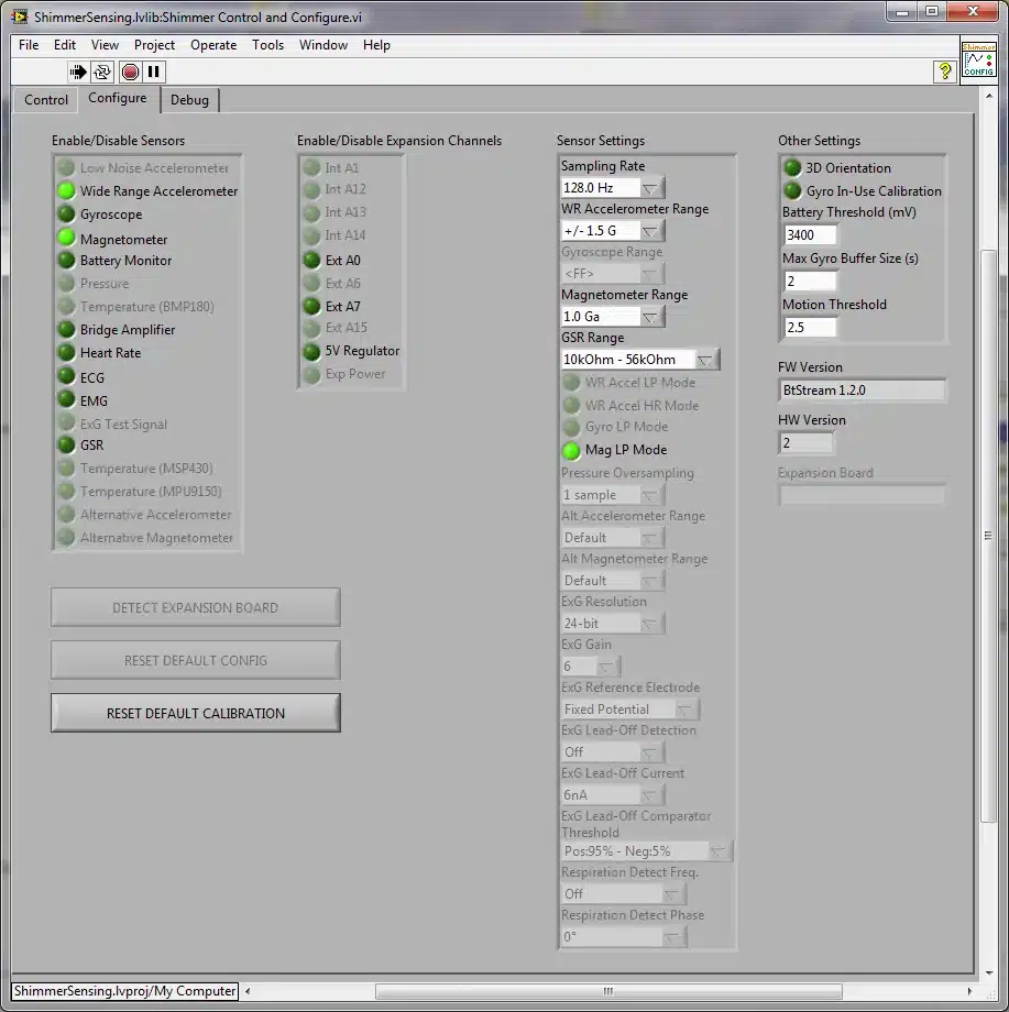 Figure 4‑11 Configuring the Shimmer: Shimmer2/2r