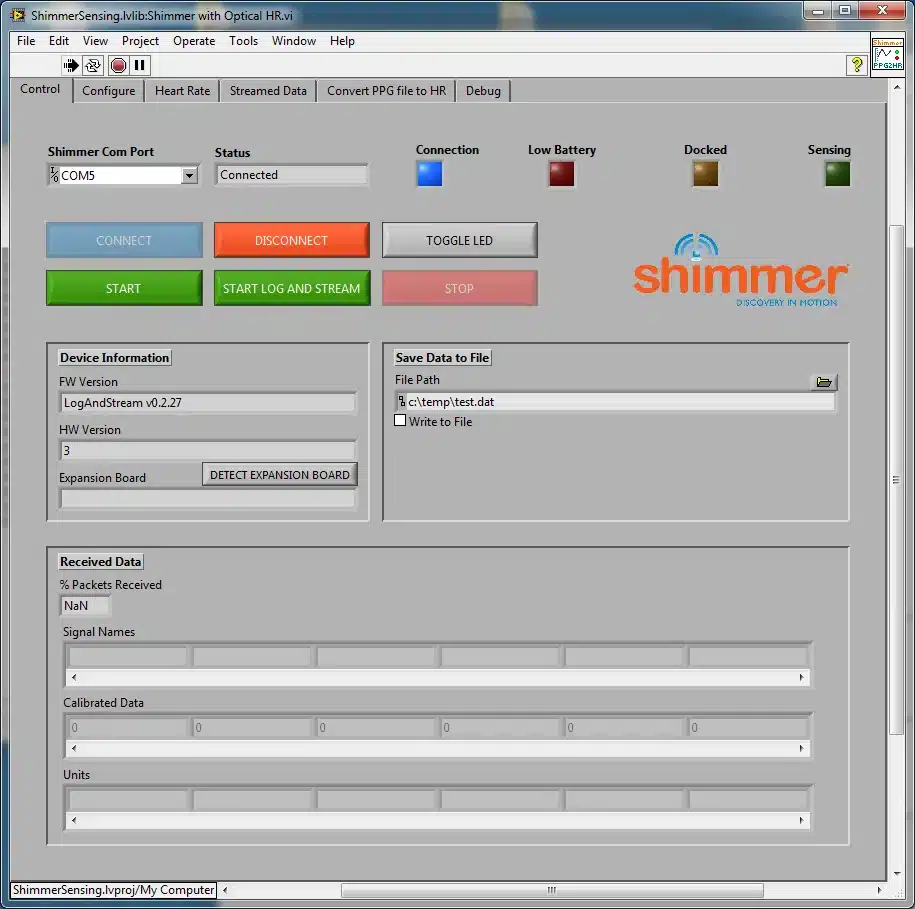 Figure 4‑24 Shimmer with Optical HR.vi Control Tab (Shimmer Connected)