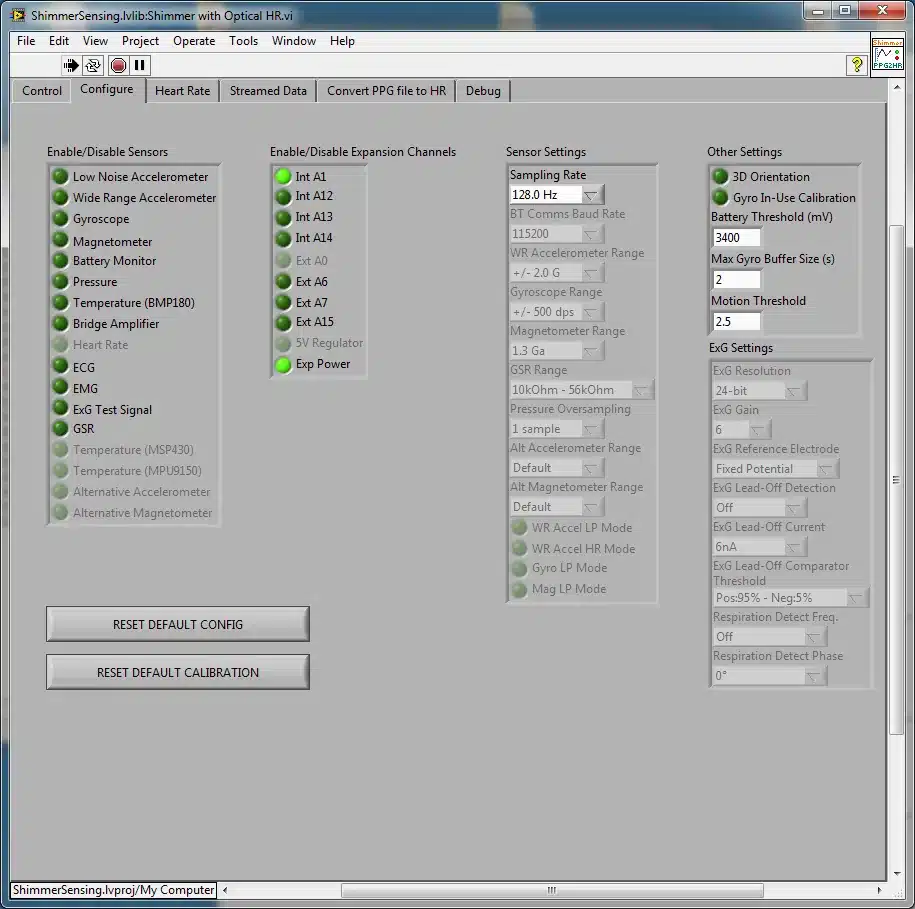Figure 4‑25 Shimmer with Optical HR.vi Configure Tab