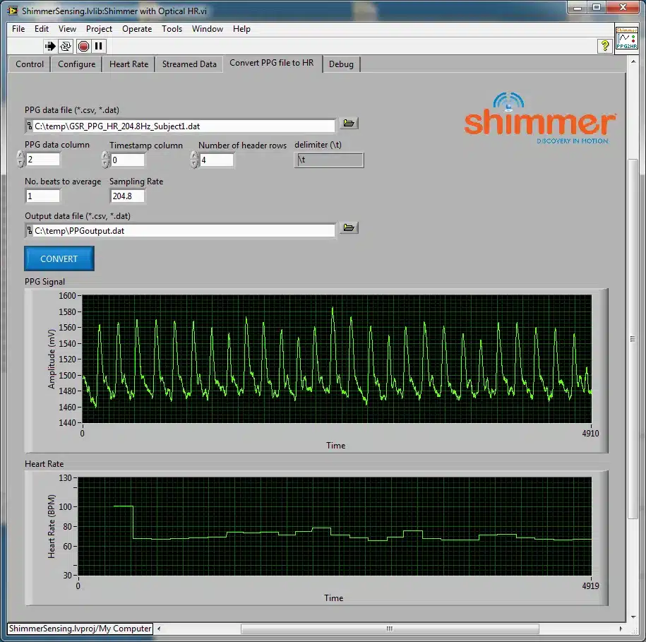 Figure 4‑28 Shimmer with Optical HR Convert PPG file to HR Tab