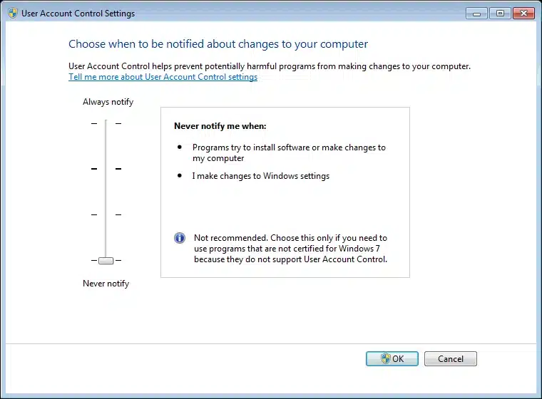 Figure 3‑2 User Account Control Settings (Windows 7)